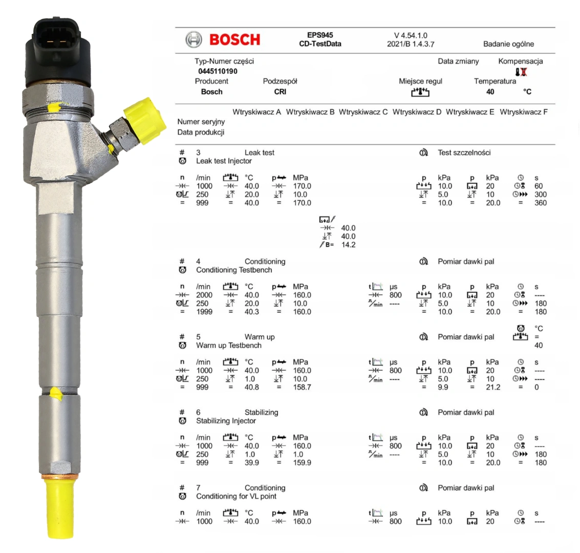 Test parametrów wtryskiwacza Bosch 0445110190 Wtryskiwacz Bosch 0445110190 z kontrolą parametrów pracy