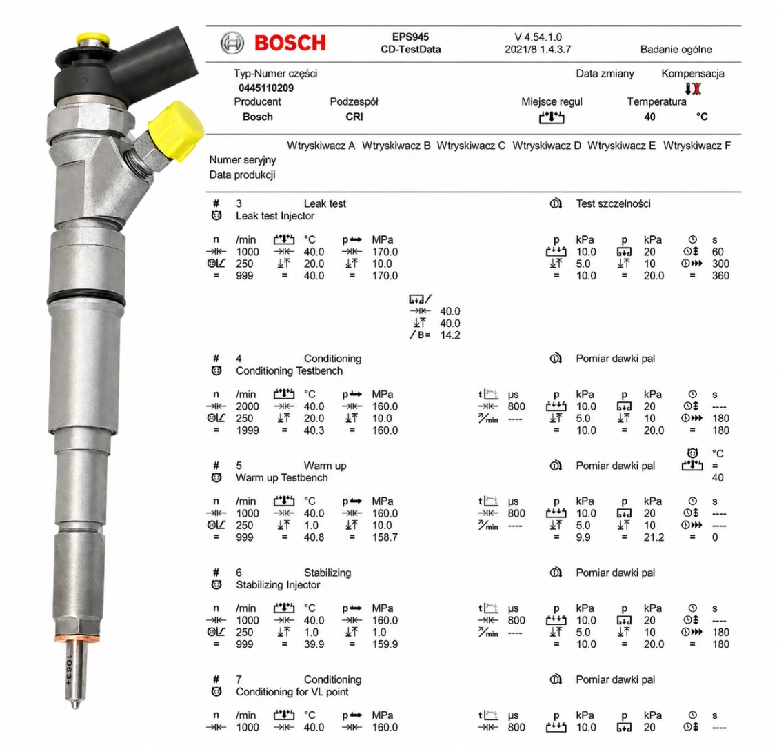 Wtryskiwacz Bosch 0445110209 z dokumentacją testową