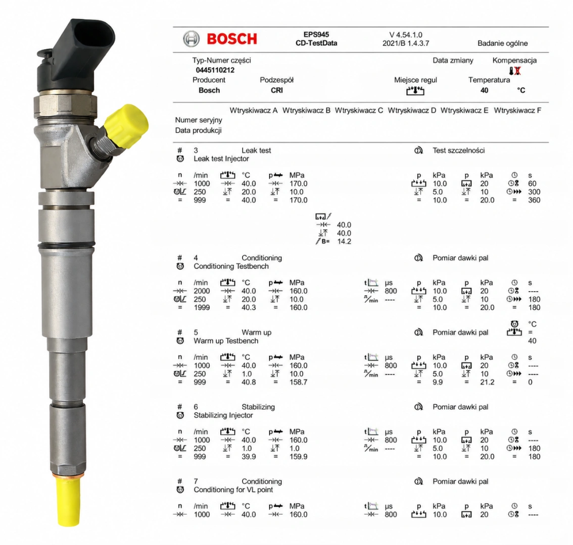 Wtryskiwacz Bosch z protokołem testowym