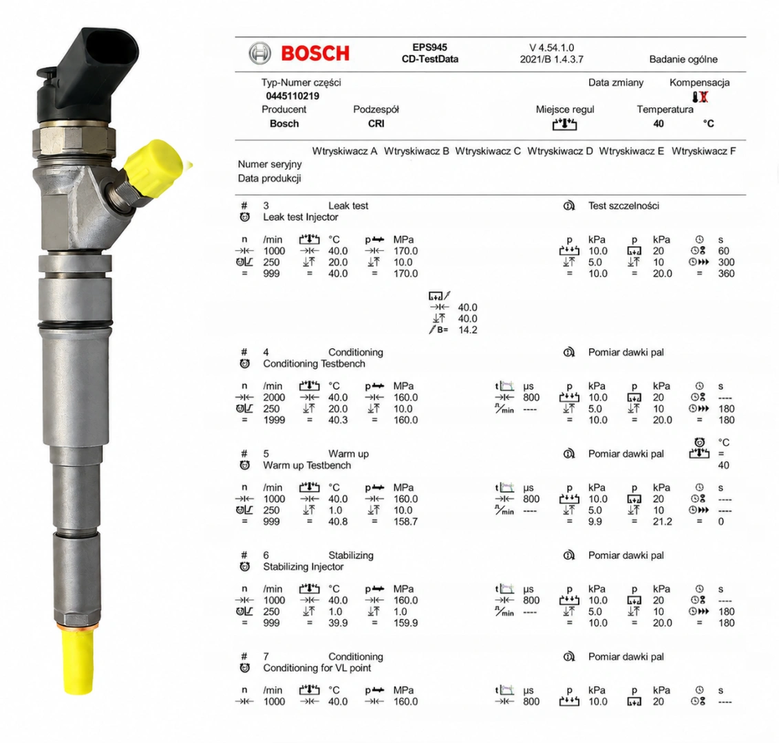 Wtryskiwacz Bosch z protokołem testowym