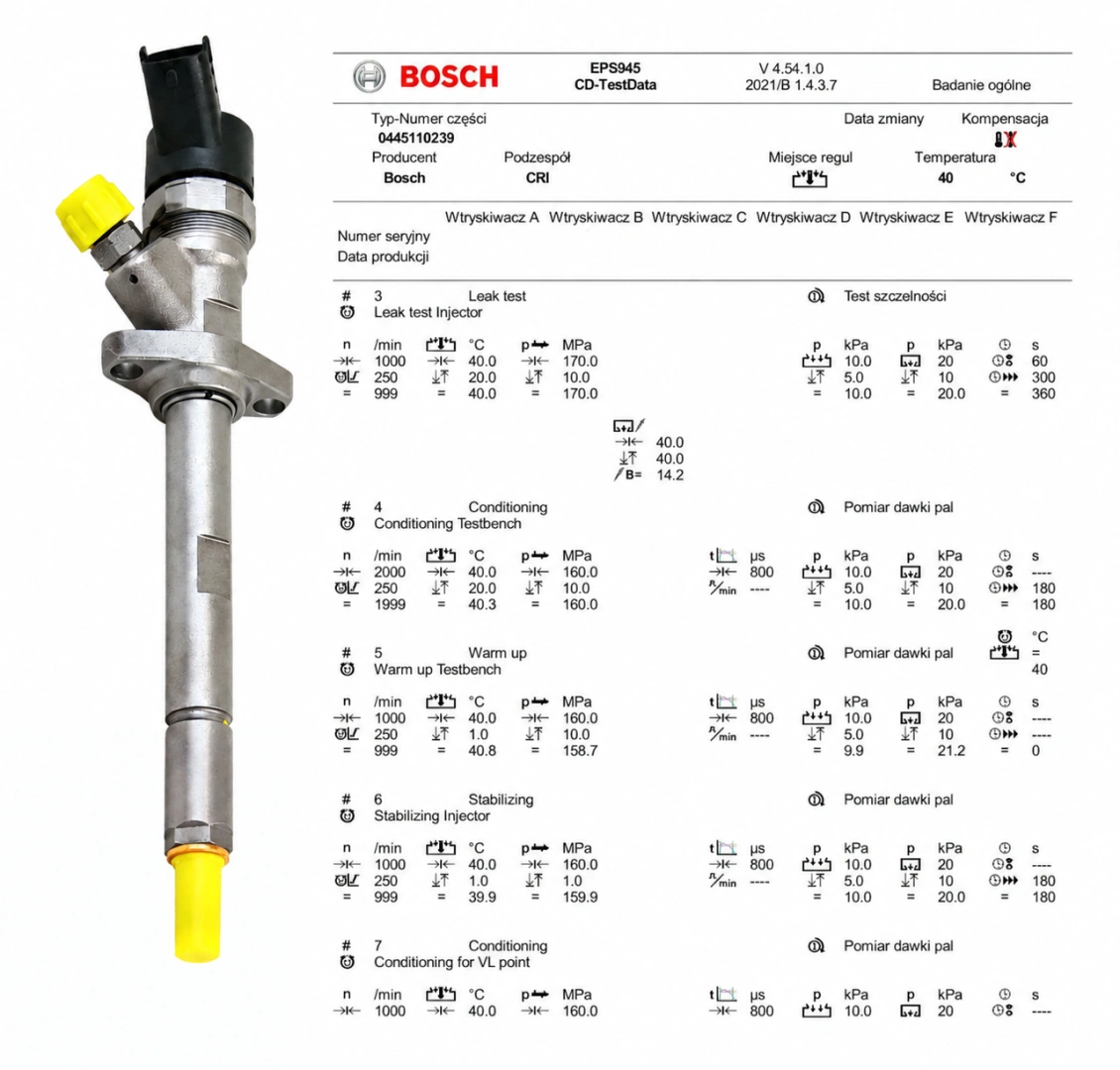 Test parametrów wtryskiwacza Bosch 0445110239 Wtryskiwacz Common Rail z protokołem testowym