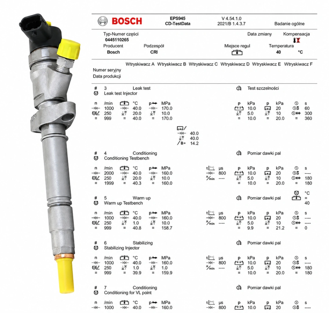 Test parametrów wtryskiwacza Bosch 0445110265 Wtryskiwacz Bosch z protokołem testowym
