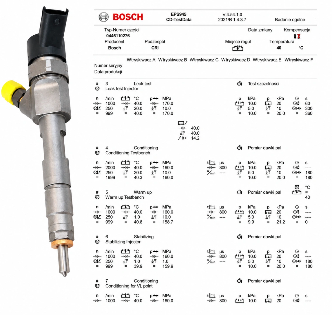 Test parametrów wtryskiwacza Bosch 0445110276 Wtryskiwacz Bosch z dokumentacją testu parametrów