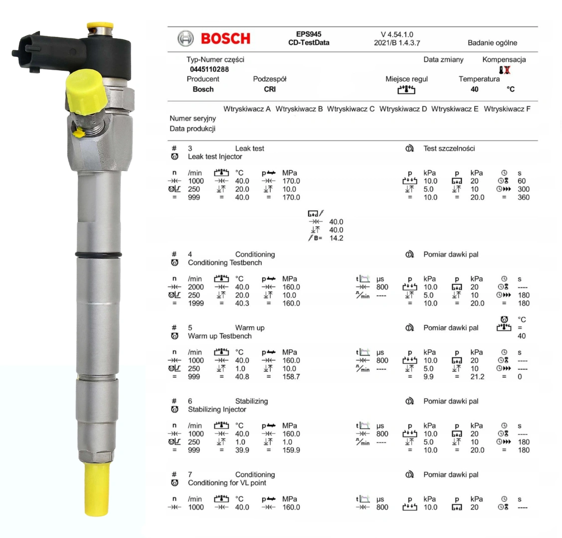 Wtryskiwacz Bosch z protokołem testowym