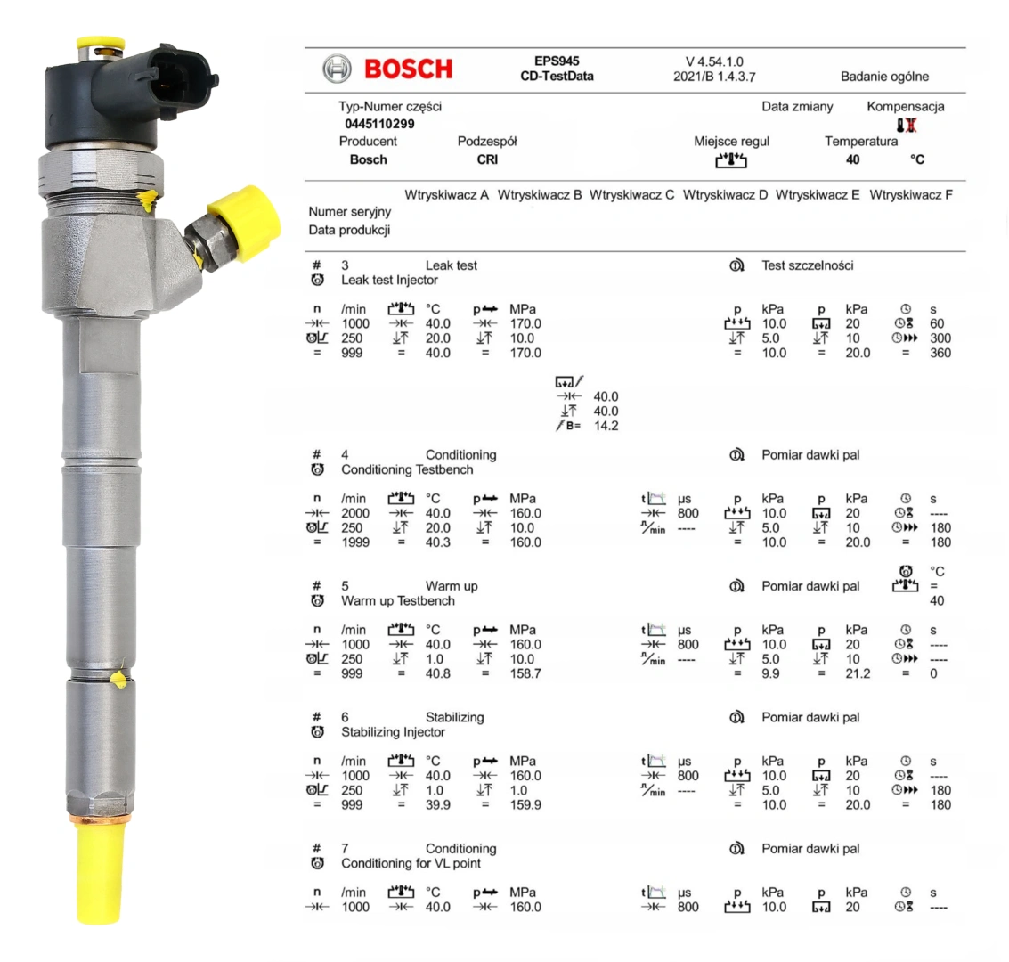 Wtryskiwacz Bosch 0445110299 z protokołem testowym