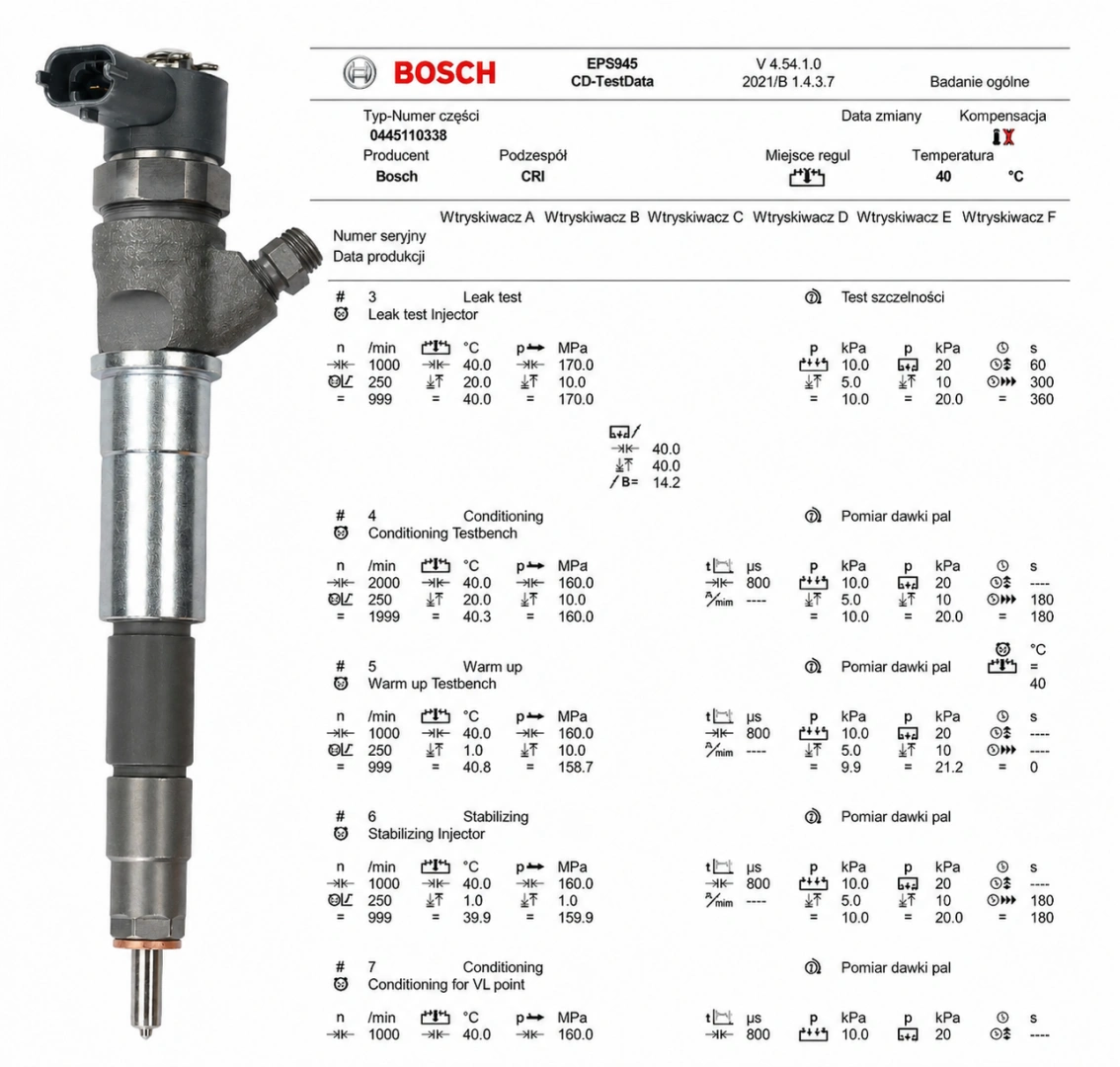 Test parametrów wtryskiwacza Bosch 0445110338 Zdjęcie 4 – AltWtryskiwacz Bosch z protokołem testowym