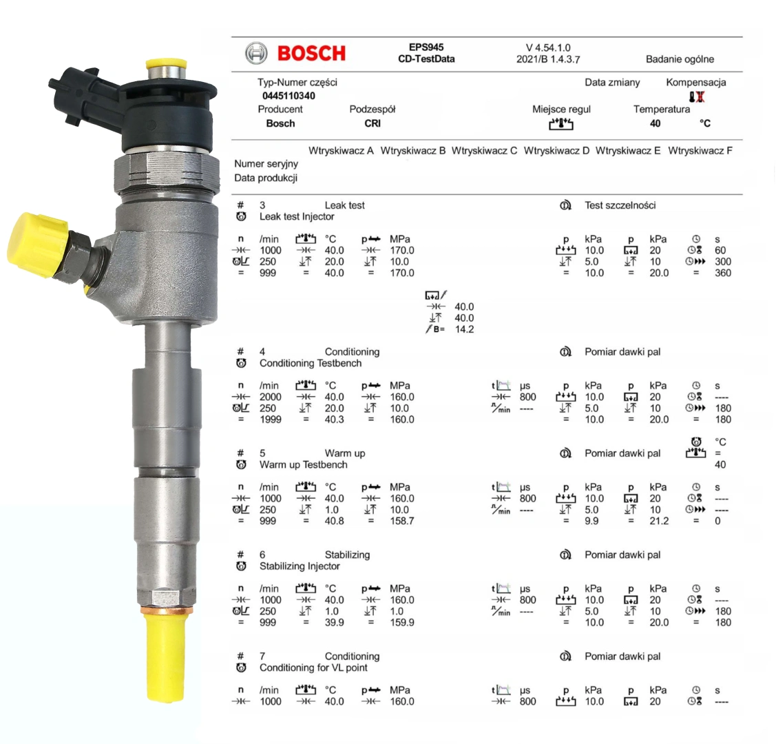 Wtryskiwacz Bosch 0445110340 z dokumentacją testu