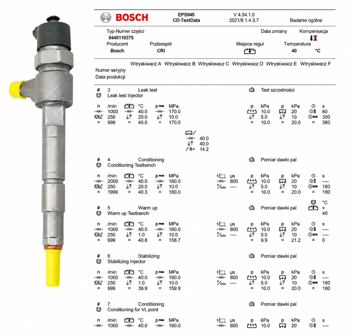 Test parametrów wtryskiwacza Bosch 0445110375 Wtryskiwacz Bosch z protokołem kontroli parametrów
