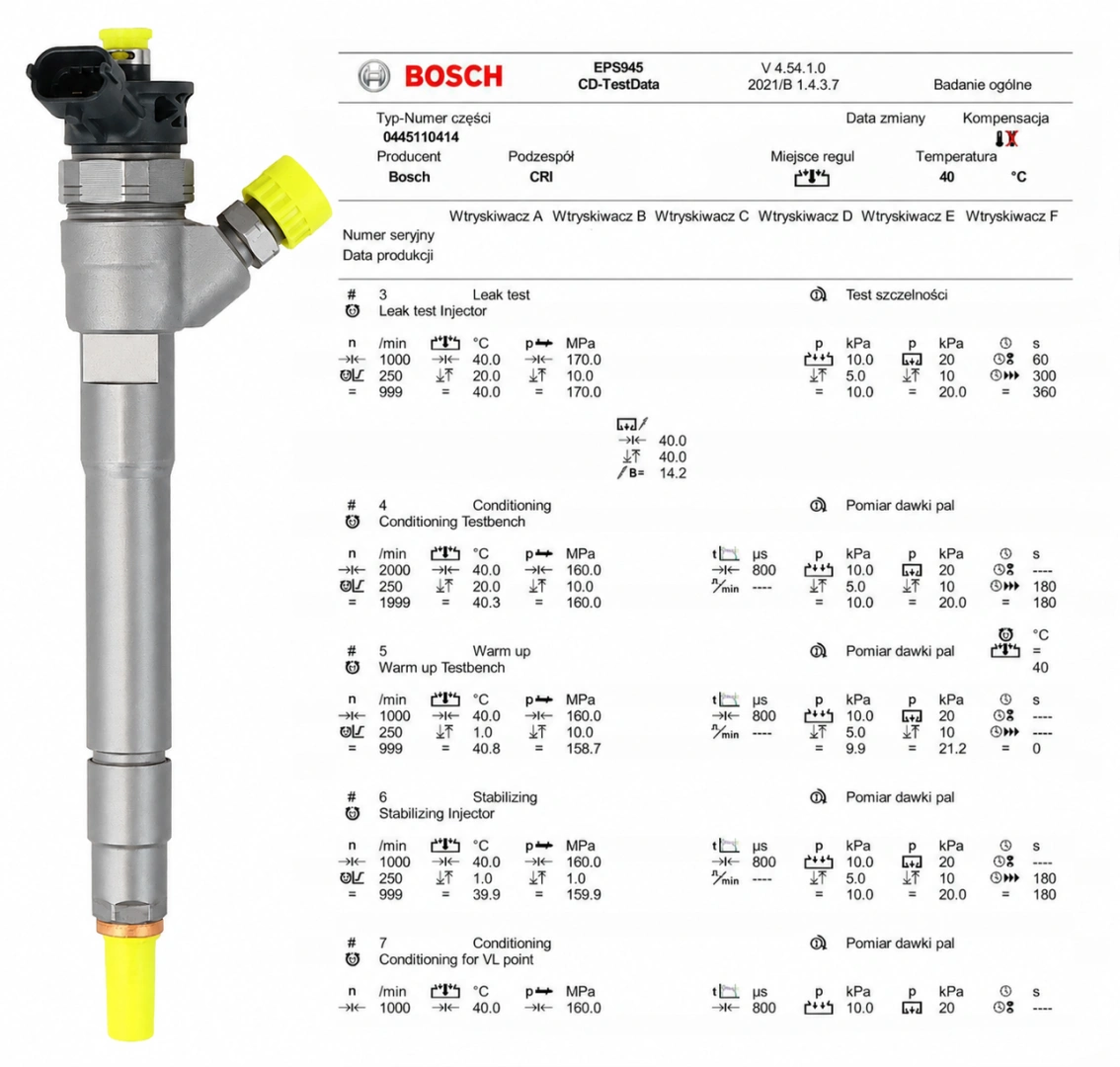 Wtryskiwacz Bosch z protokołem testowym