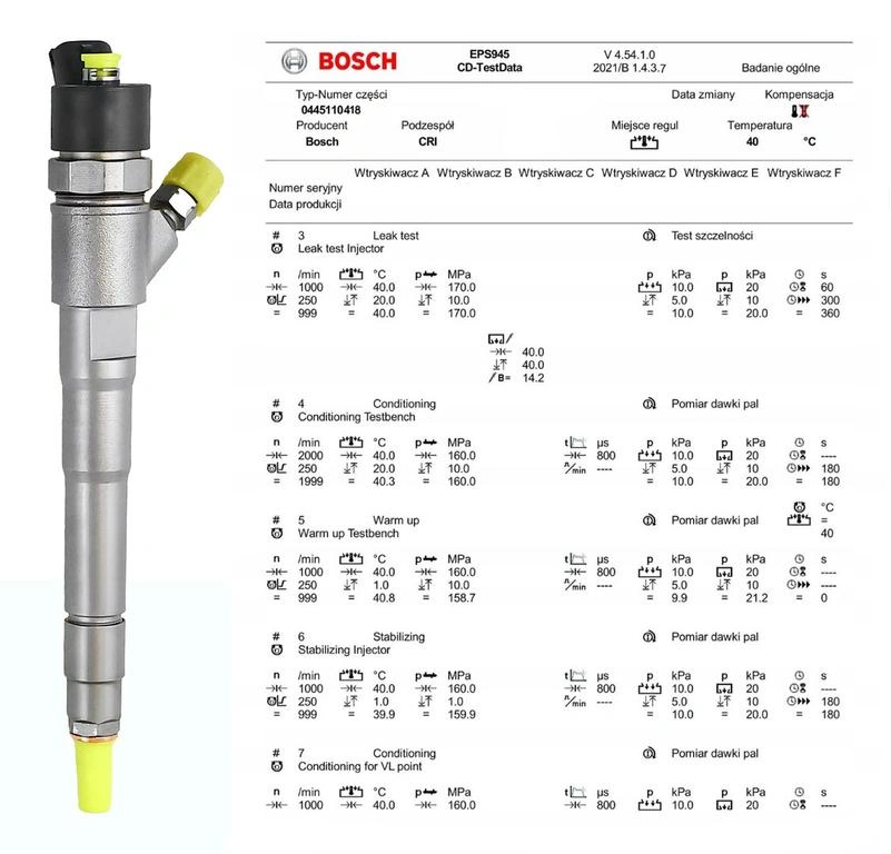Test parametrów wtryskiwacza Bosch 0445110418 Wtryskiwacz Bosch z protokołem testowym