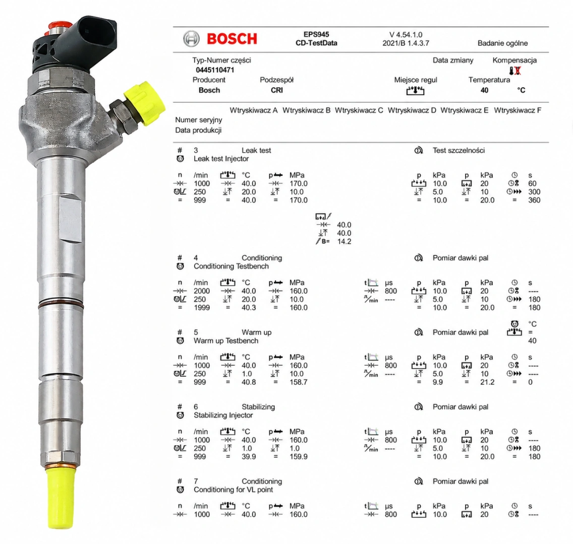Test parametrów wtryskiwacza Bosch 0445110471 Wtryskiwacz Common Rail z dokumentacją testu
