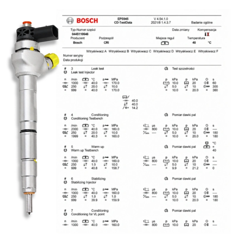 Wtryskiwacz Bosch 0445110646 z dokumentacją testu