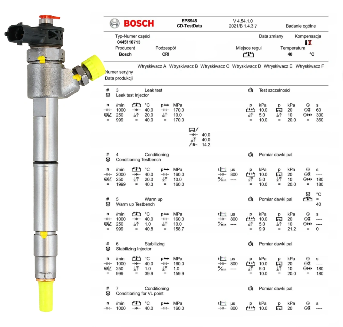 Test parametrów wtryskiwacza Bosch 0445110713 Wtryskiwacz Bosch 0445110713 po kontroli parametrów