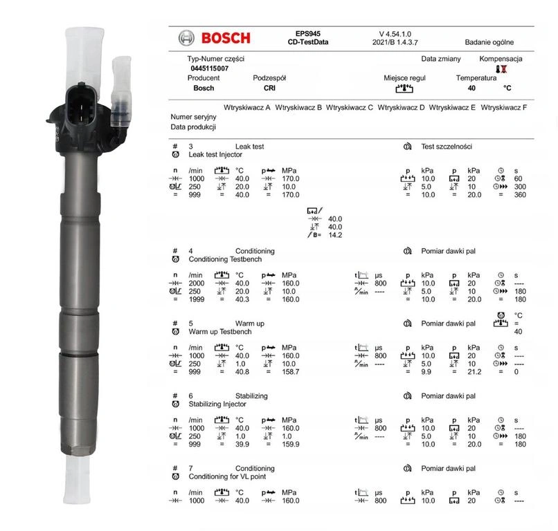 Test parametrów wtryskiwacza Bosch 0445115007 Kontrola parametrów wtryskiwacza Bosch 0445115007 po regeneracji