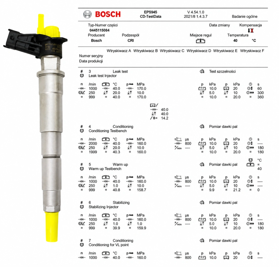 Test parametrów wtryskiwacza Bosch 0445115084 Wtryskiwacz Bosch z protokołem testowym