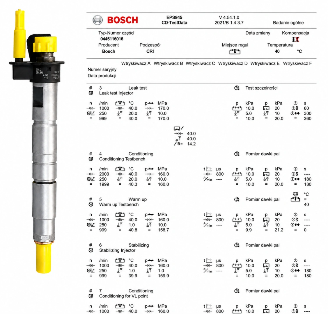 Test parametrów wtryskiwacza Bosch 0445116016 Wtryskiwacz Bosch z protokołem kontroli parametrów