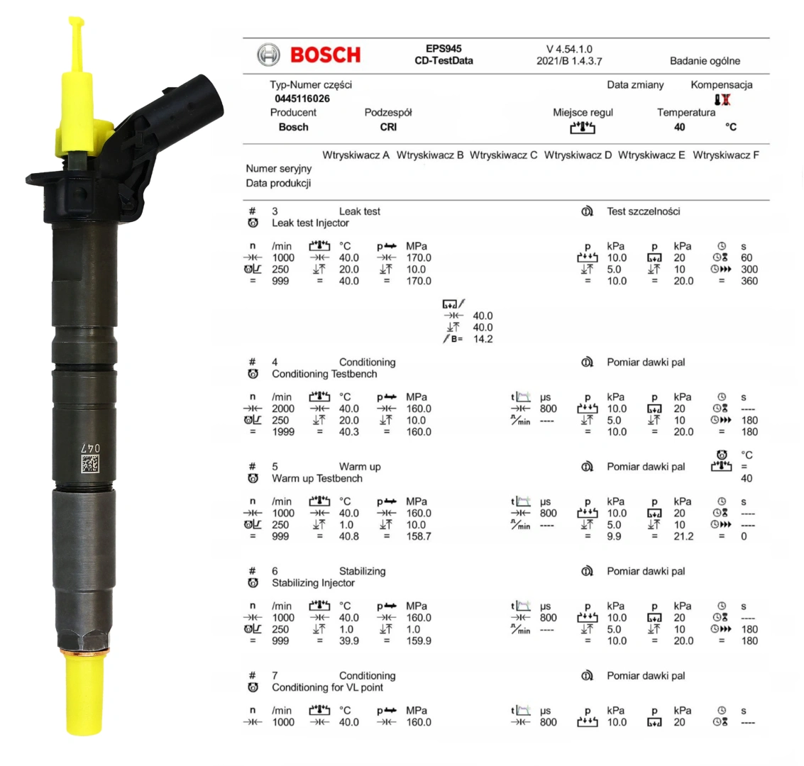 Wtryskiwacz Bosch 0445116026 z protokołem testu