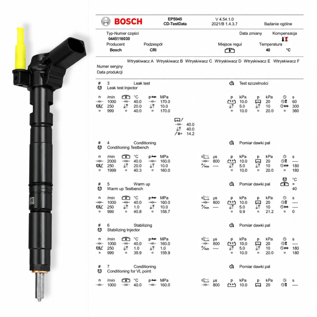 Test parametrów wtryskiwacza Bosch 0445116030 Wtryskiwacz Bosch 0445116030 z kontrolą parametrów