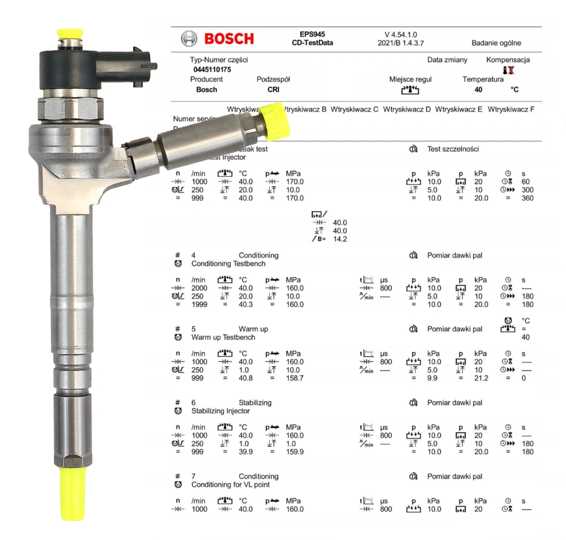 Test wtryskiwacza Bosch 0445110175 po regeneracji Wtryskiwacz Bosch 0445110175 z protokołem testu parametrów