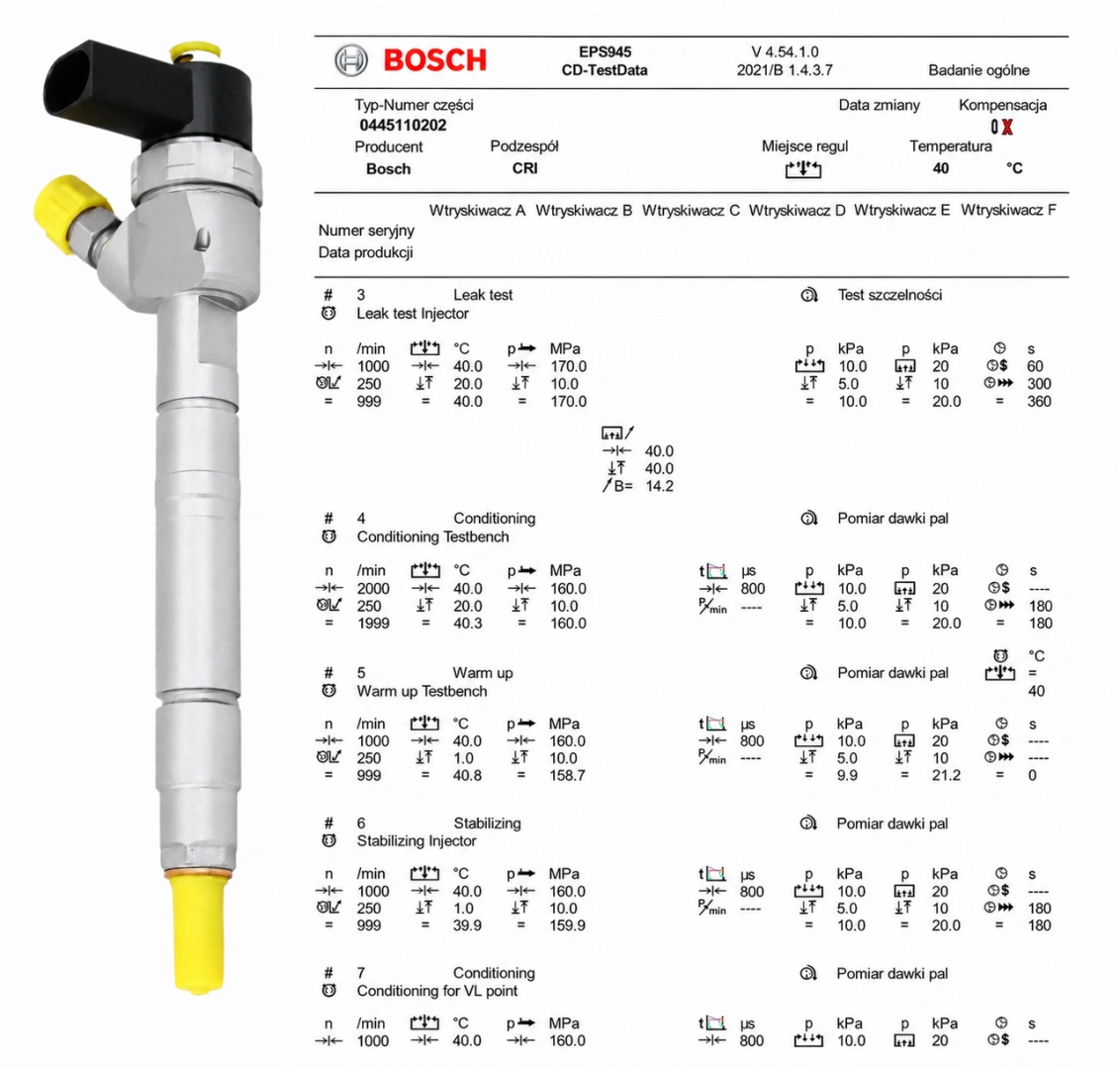 Test wtryskiwacza Bosch 0445110202 na stole probierczym Wtryskiwacz Bosch 0445110202 po kontroli parametrów