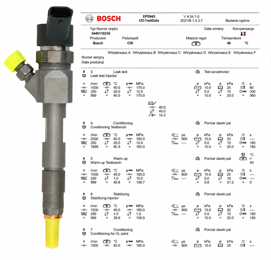 Test wtryskiwacza Bosch 0445110230 po regeneracji Wtryskiwacz Bosch 0445110230 z protokołem testu parametrów