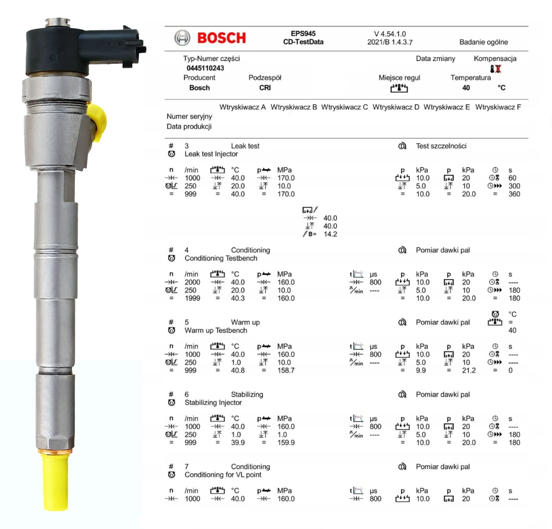 Test wtryskiwacza Bosch 0445110243 na stole probierczym Wtryskiwacz Bosch 0445110243 po kontroli parametrów