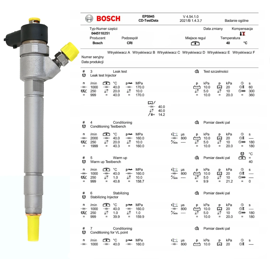 Test wtryskiwacza Bosch 0445110251 na stole probierczym Wtryskiwacz Bosch 0445110251 po kontroli parametrów