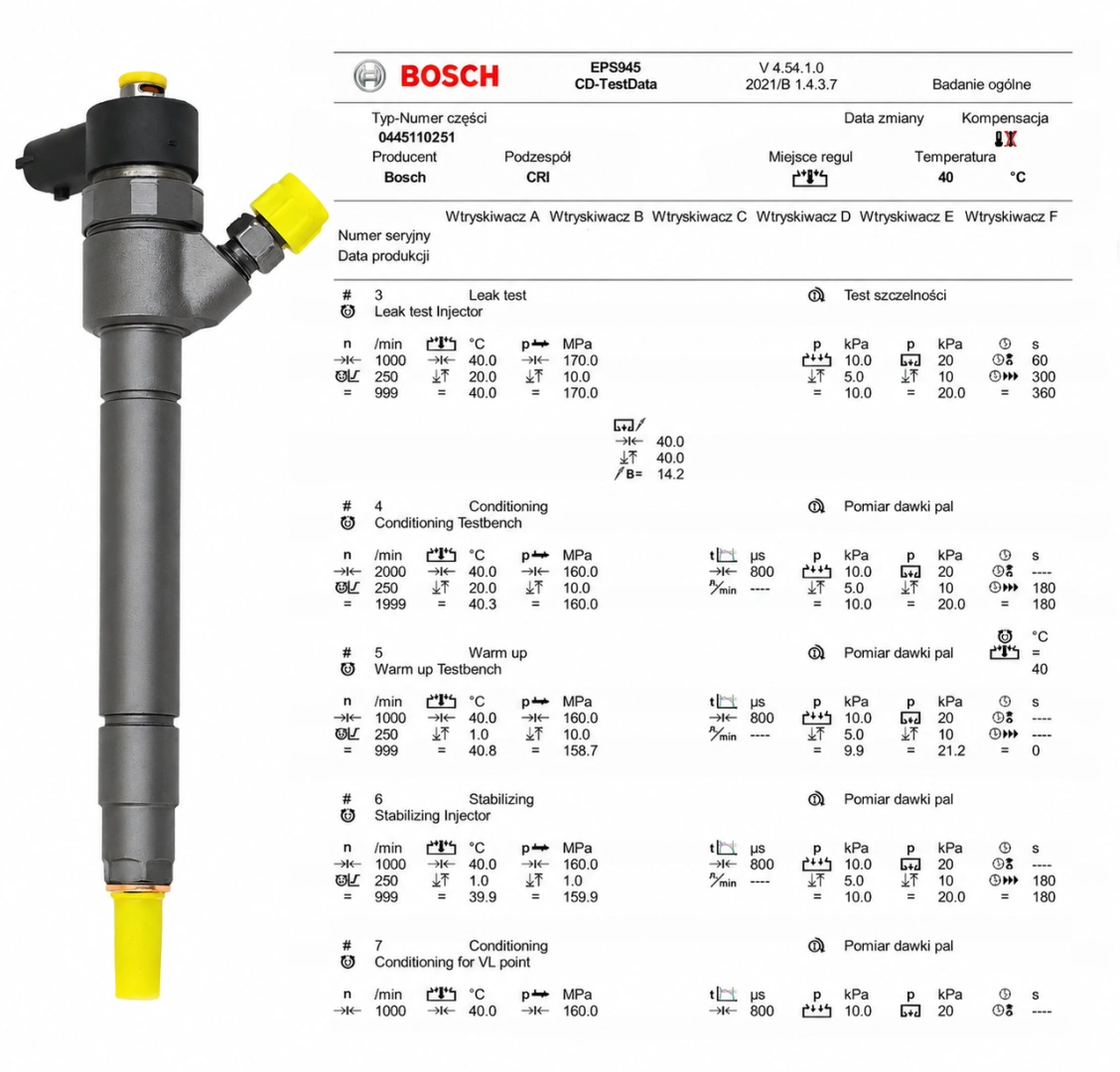 Test wtryskiwacza Bosch 0445110251 na stole probierczym Wtryskiwacz Bosch 0445110251 po kontroli parametrów