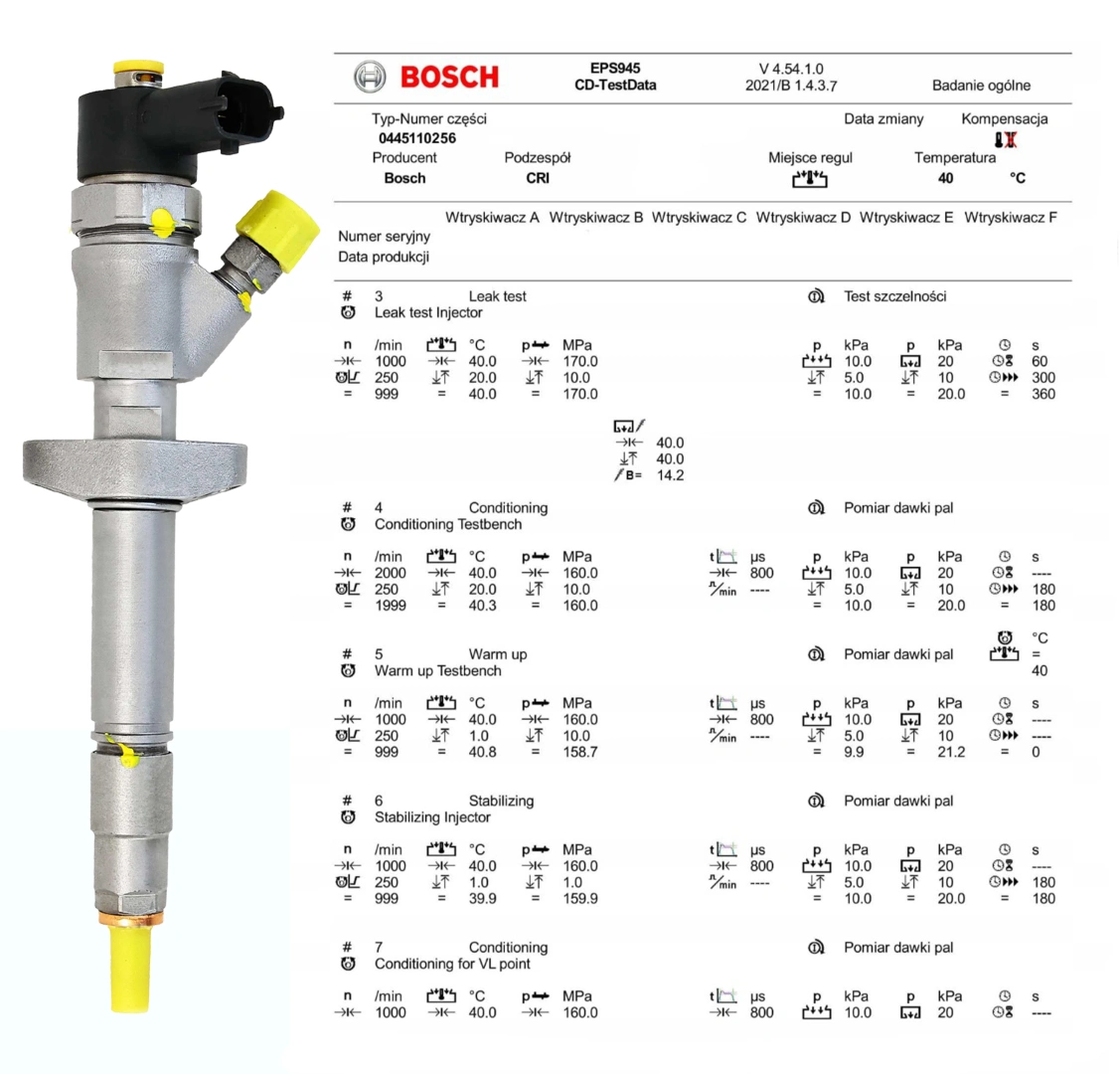 Test wtryskiwacza Bosch 0445110256 po regeneracji Wtryskiwacz Bosch 0445110256 z protokołem testu parametrów