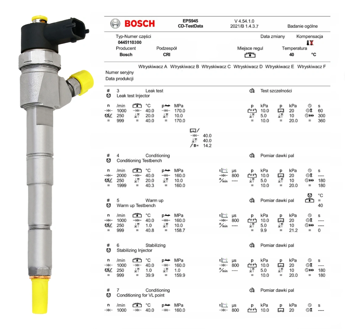 Test wtryskiwacza Bosch 0445110300 po regeneracji Wtryskiwacz Bosch 0445110300 z protokołem testowym