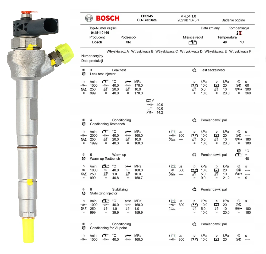 Test wtryskiwacza Bosch 0445110469 po regeneracji Wtryskiwacz Bosch 0445110469 z kontrolą parametrów