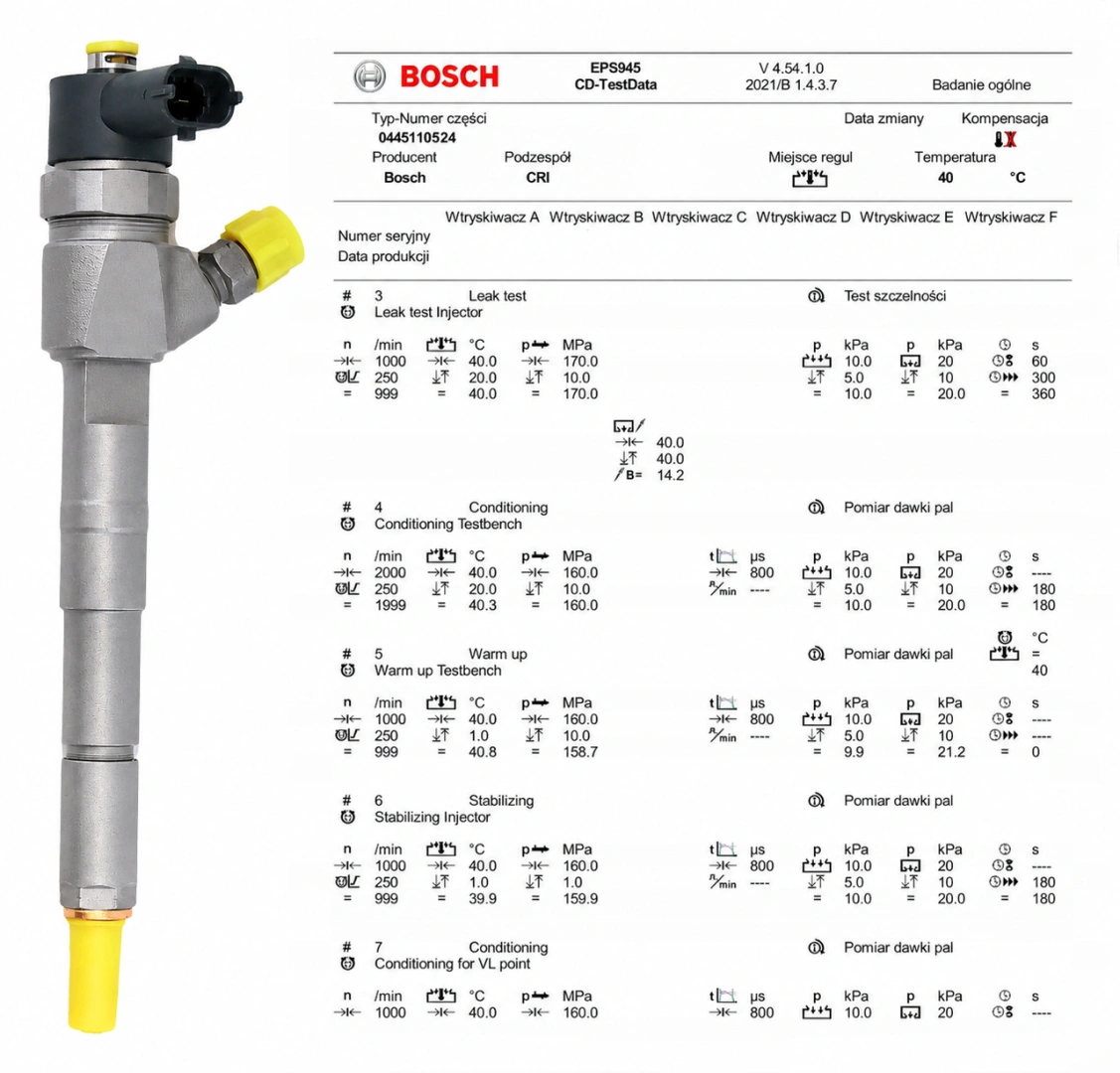 Wtryskiwacz Bosch 0445110524 po kontroli parametrów