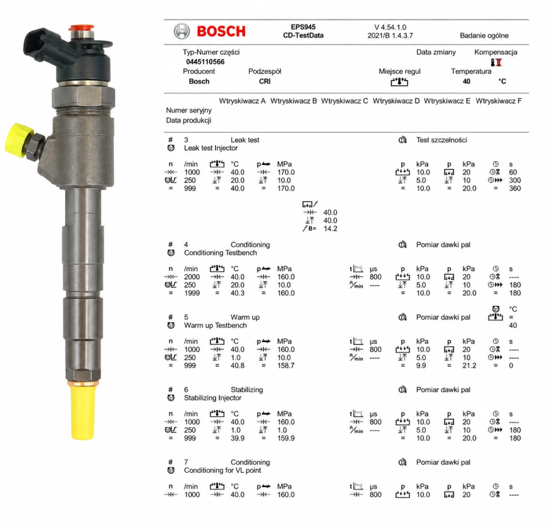 Test wtryskiwacza Bosch 0445110566 Common Rail Wtryskiwacz Bosch 0445110566 z protokołem testowym