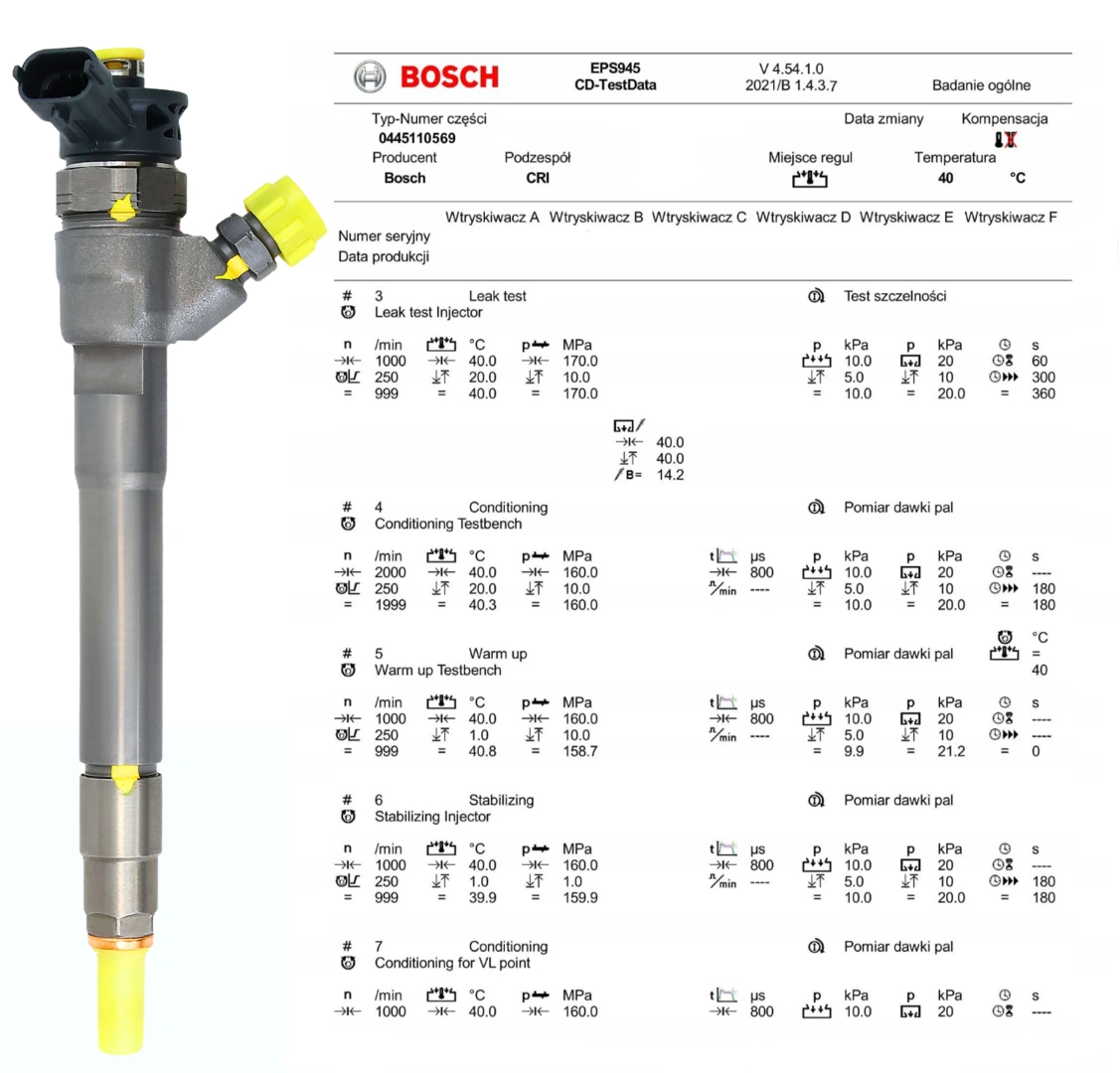 Test wtryskiwacza Bosch 0445110569 po regeneracji Wtryskiwacz Bosch 0445110569 z protokołem testu