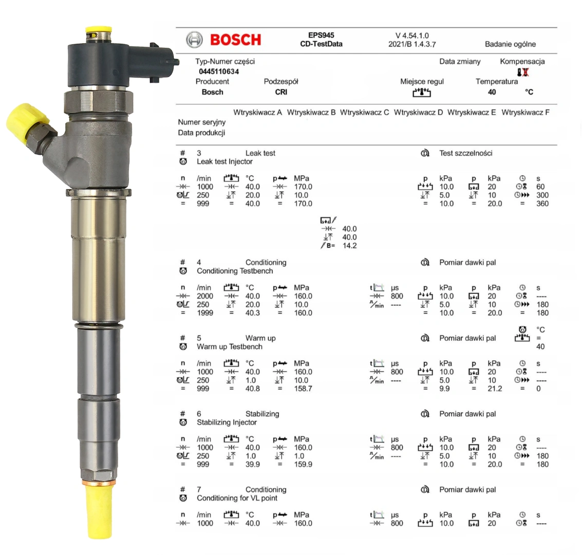 Test wtryskiwacza Bosch 0445110634 na stole probierczym Wtryskiwacz Bosch 0445110634 po kontroli parametrów