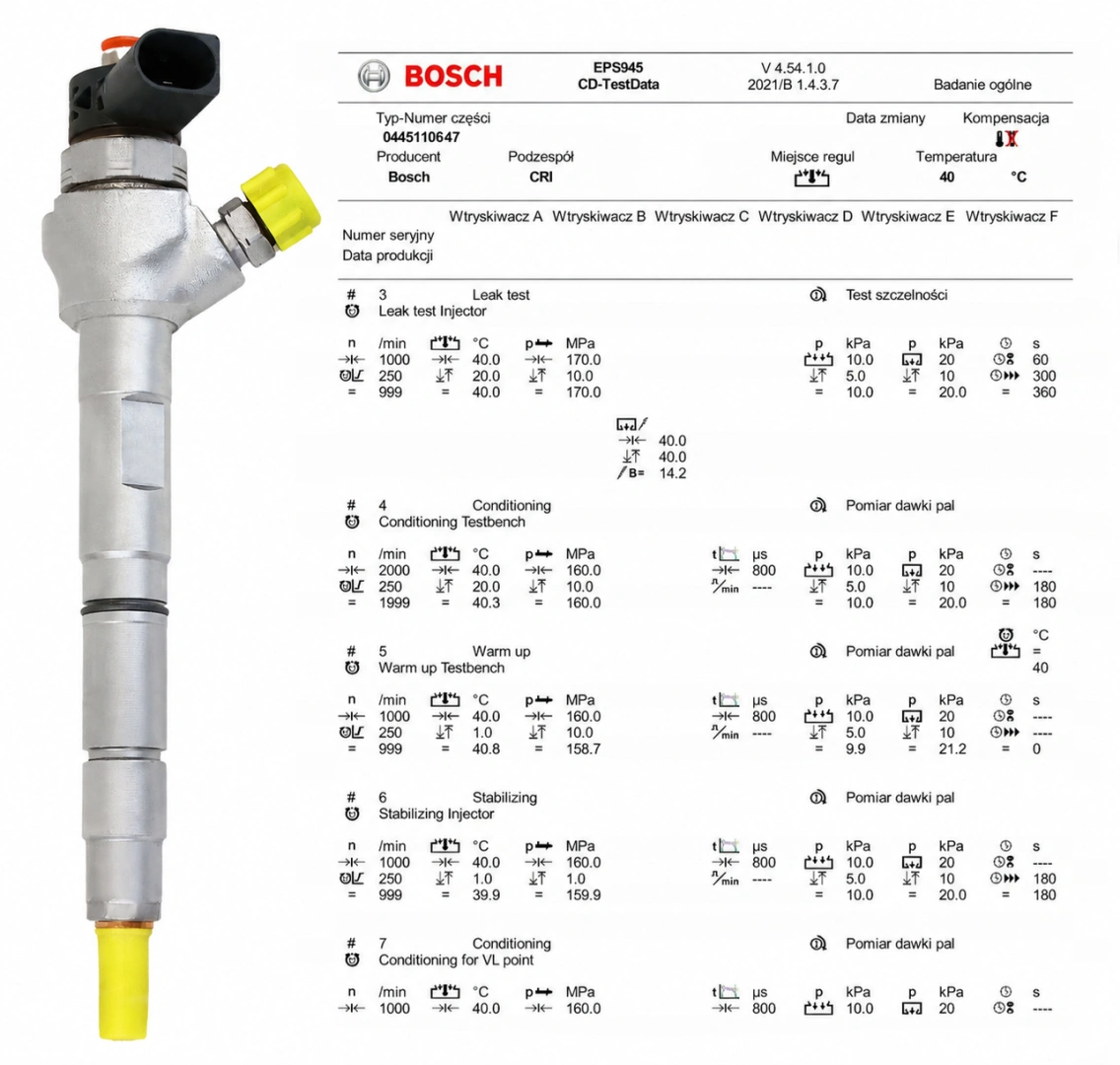 Test wtryskiwacza Bosch 0445110647 na stole probierczym Wtryskiwacz Bosch 0445110647 po teście parametrów