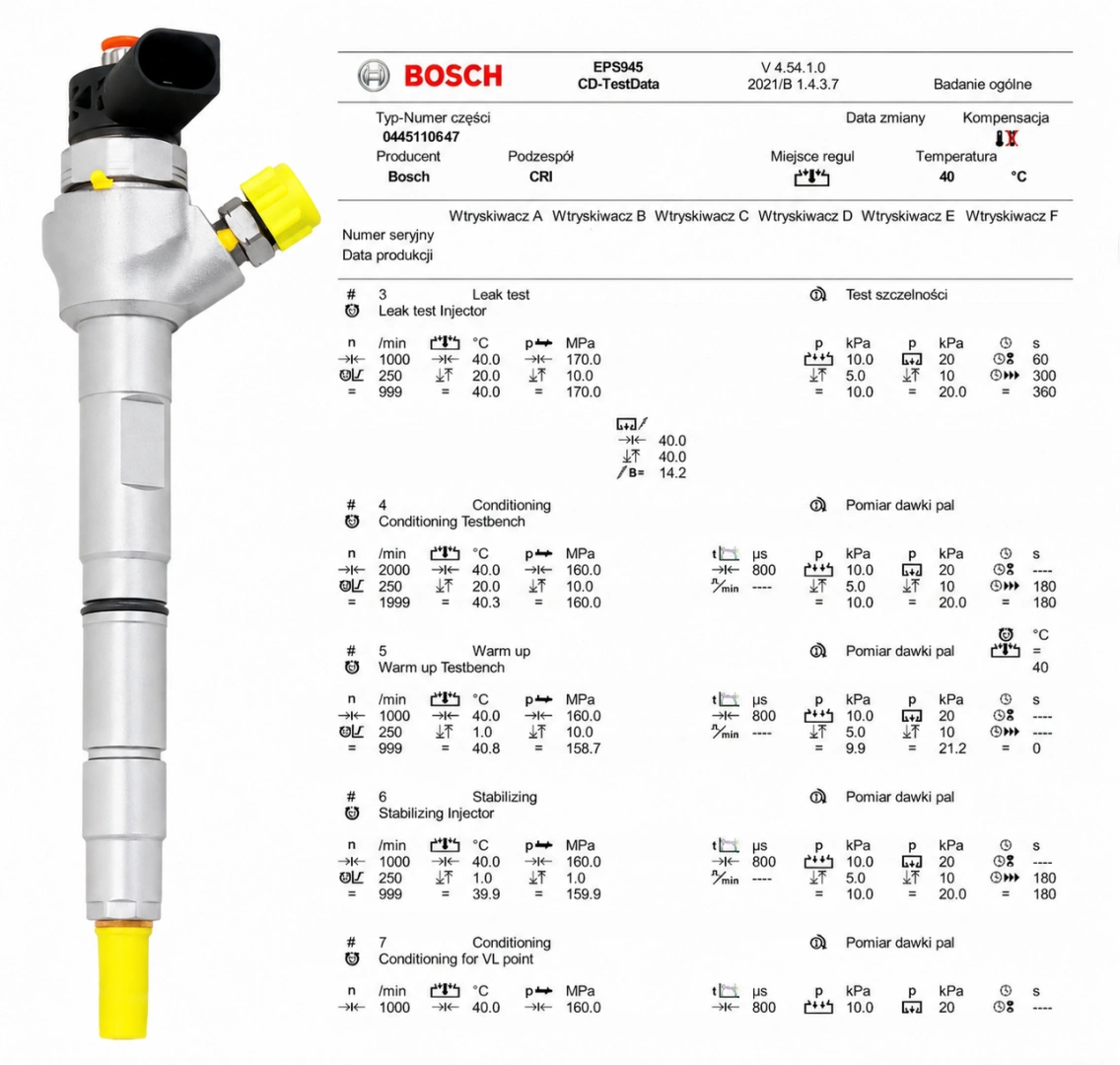 Wtryskiwacz Bosch 0445110647 po teście parametrów