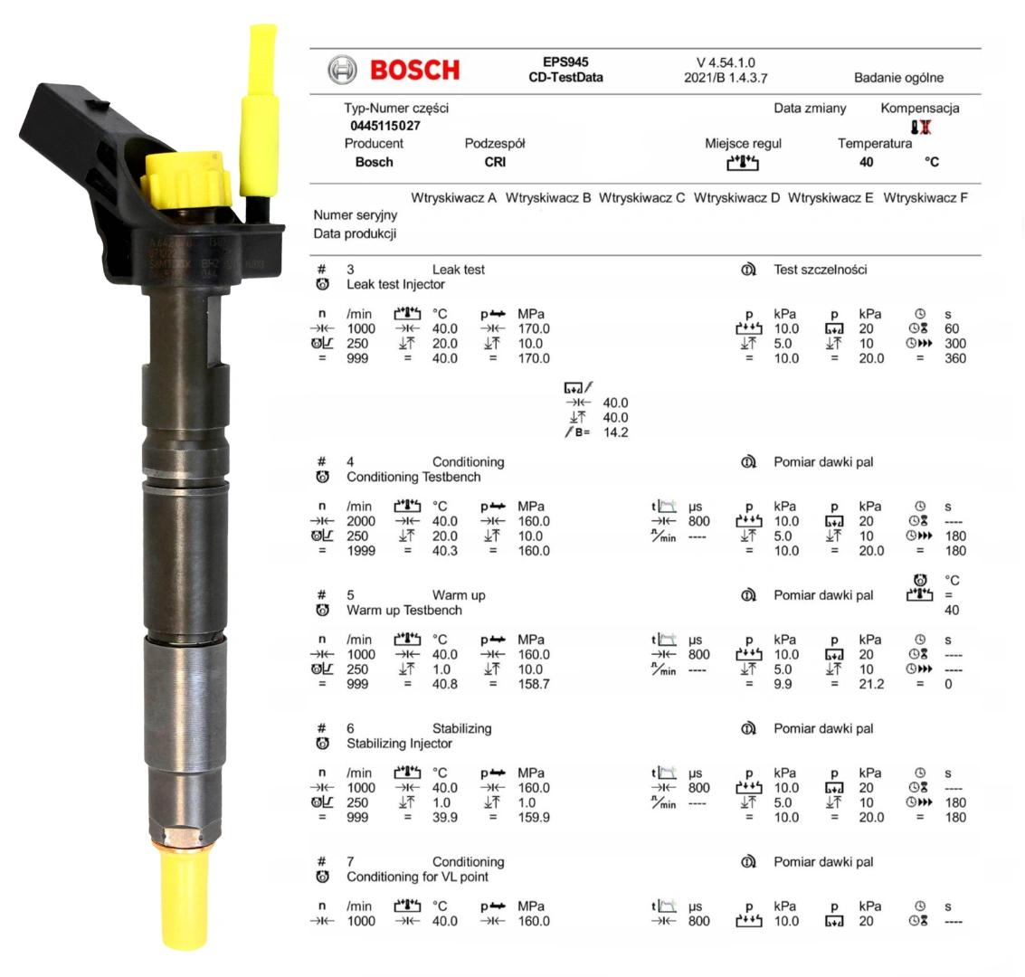 Test wtryskiwacza Bosch 0445115027 na stole probierczym Wtryskiwacz Bosch 0445115027 z kontrolą parametrów