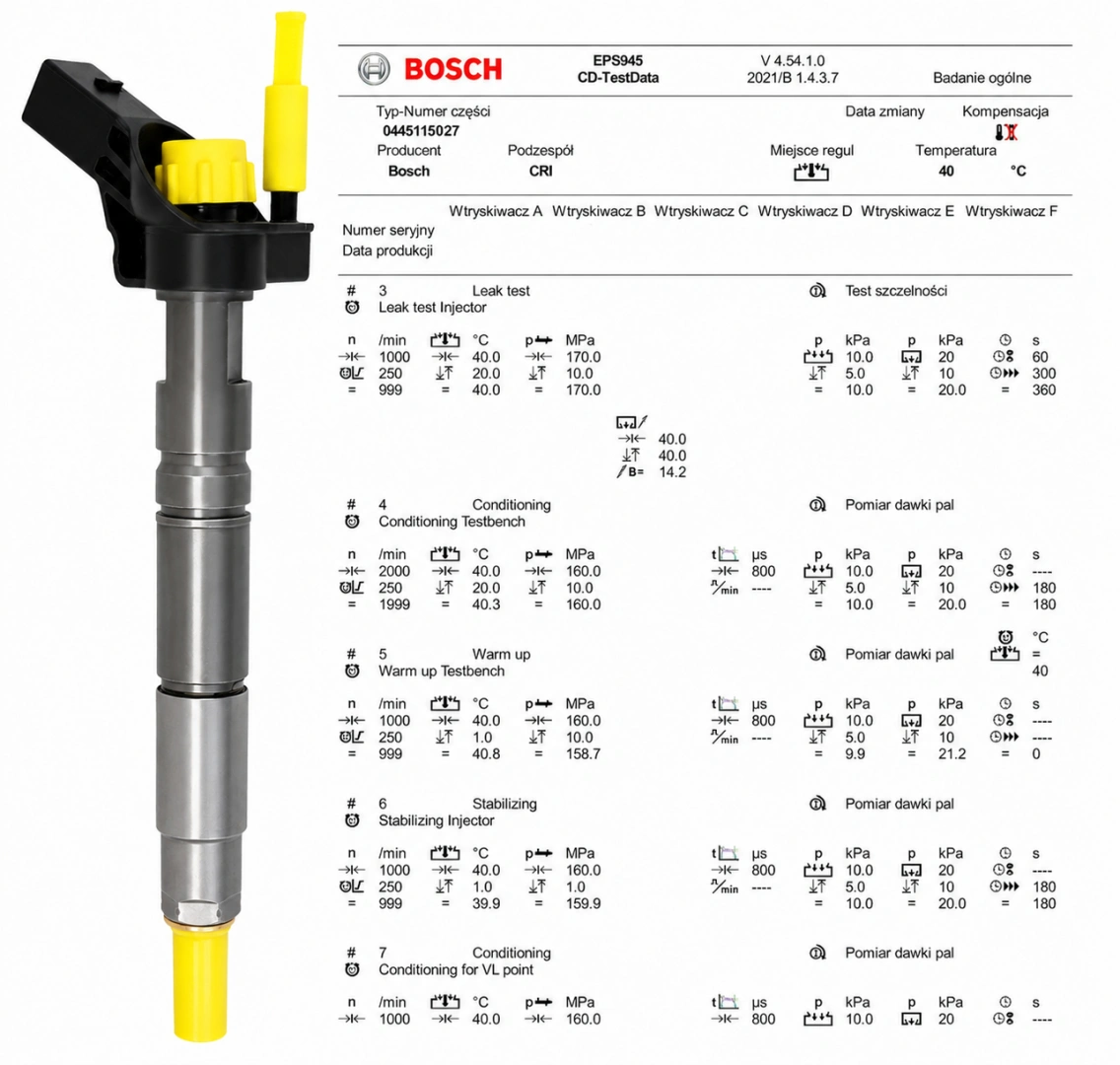 Test wtryskiwacza Bosch 0445115027 na stole probierczym Wtryskiwacz Bosch 0445115027 z kontrolą parametrów