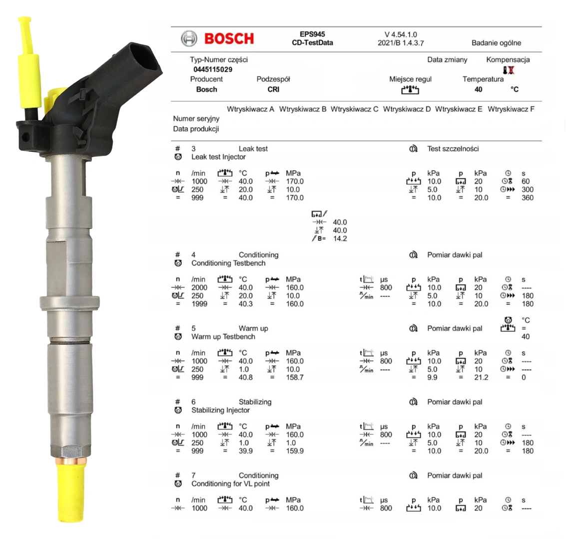Test wtryskiwacza Bosch 0445115029 po regeneracji Wtryskiwacz Bosch 0445115029 z kontrolą parametrów