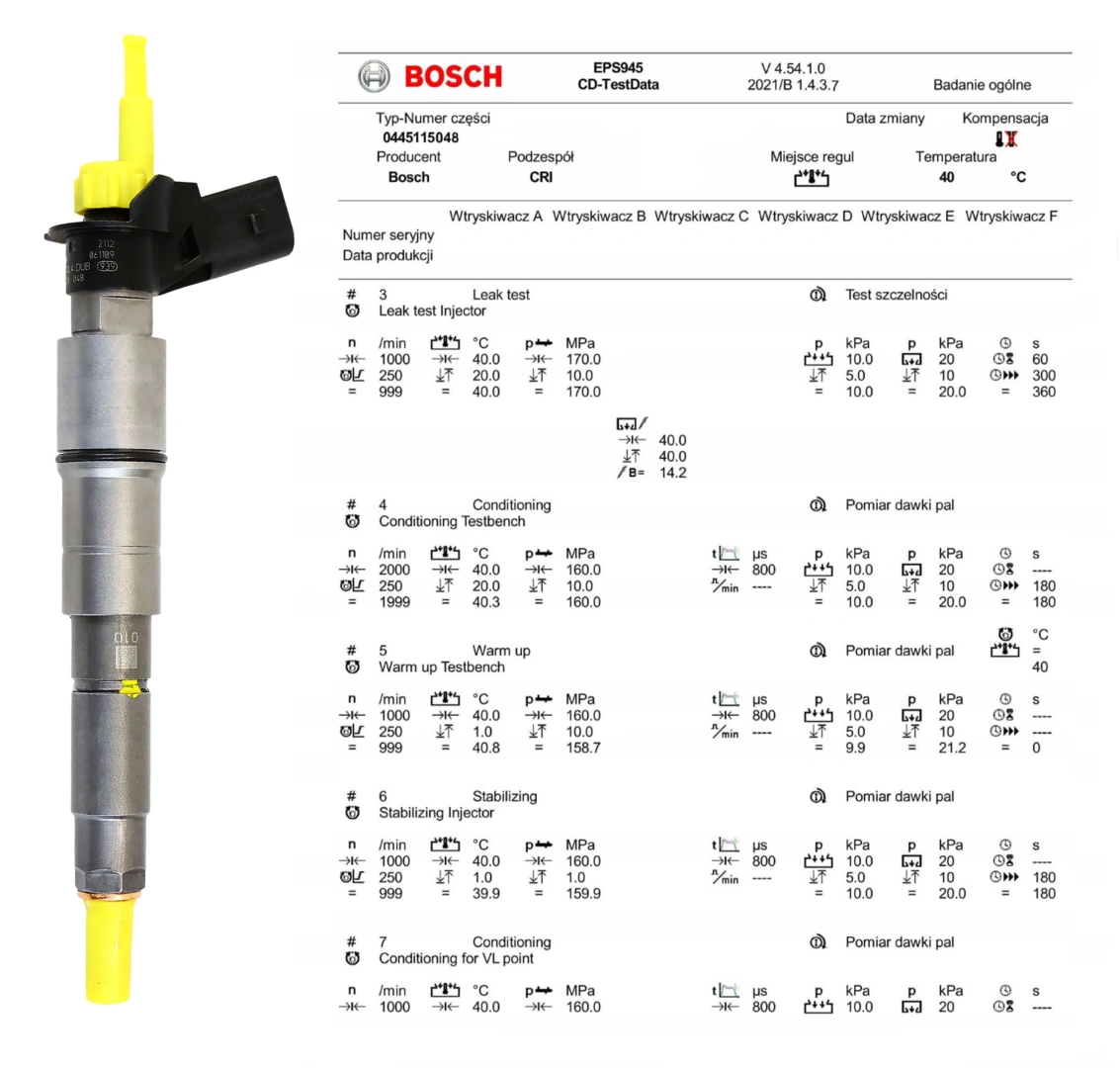 Test wtryskiwacza Bosch 0445115048 po regeneracji Wtryskiwacz Bosch 0445115048 z kontrolą parametrów