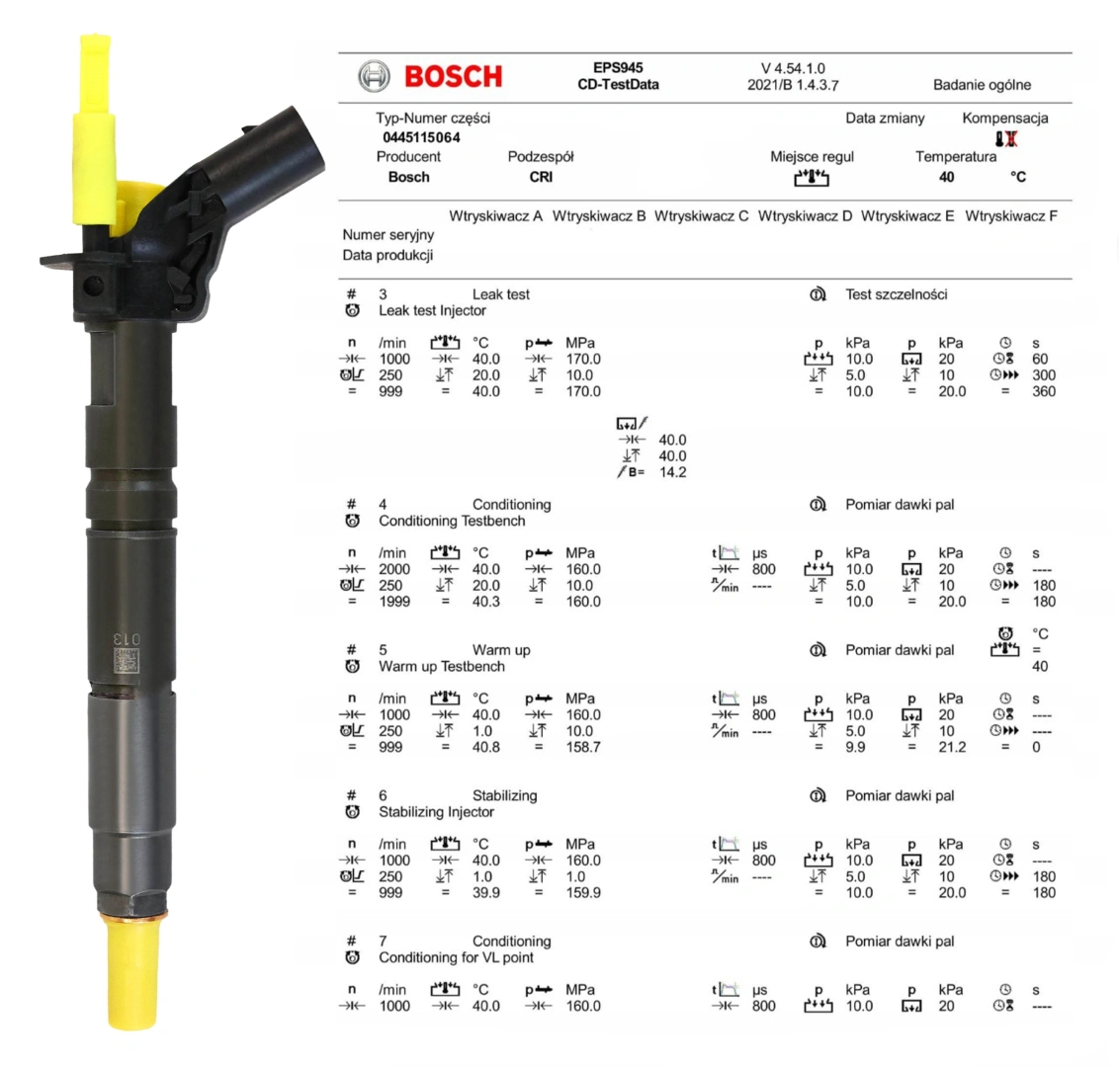 Wtryskiwacz Bosch 0445115064 z protokołem testu parametrów