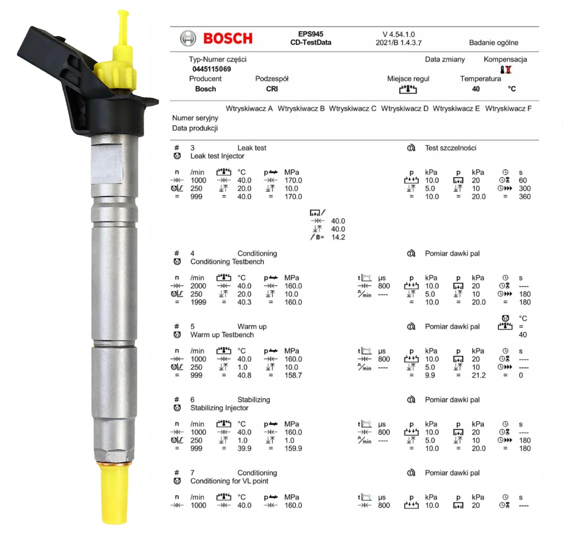 Test wtryskiwacza Bosch 0445115069 na stole probierczym Wtryskiwacz Bosch 0445115069 z kontrolą parametrów