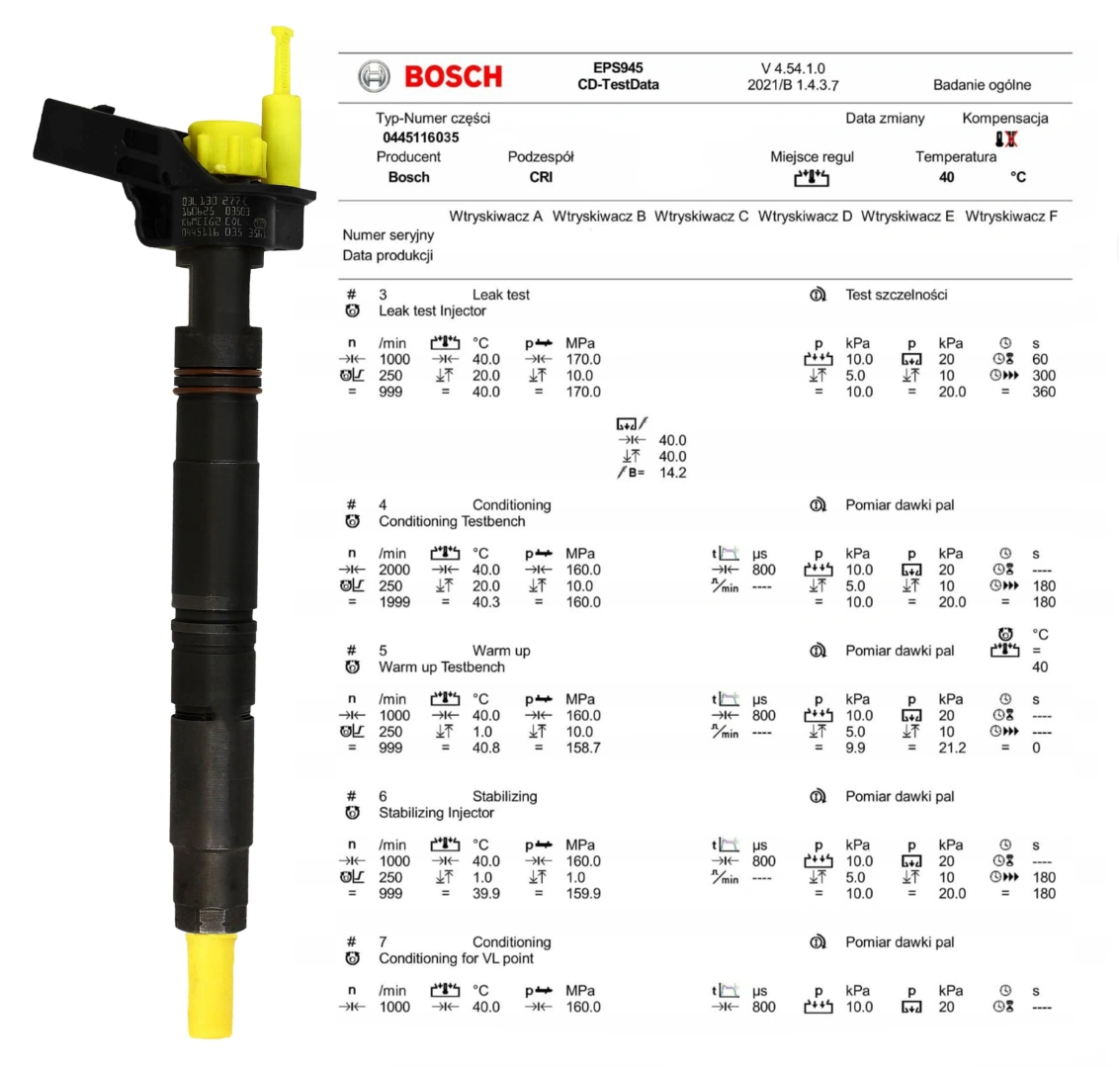 Test wtryskiwacza Bosch 0445116035 po regeneracji Wtryskiwacz Bosch 0445116035 z protokołem testu parametrów