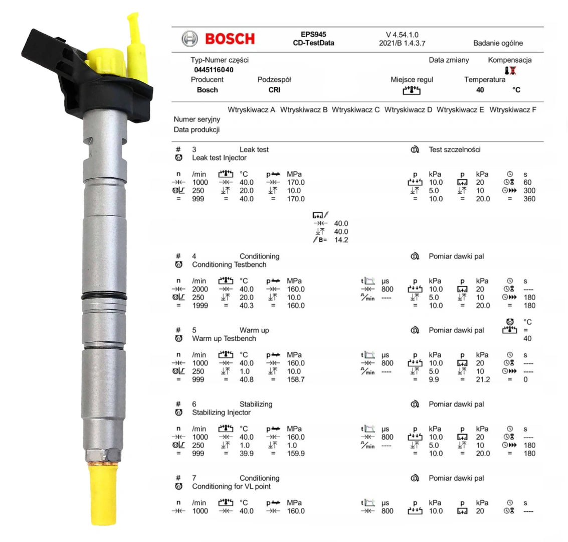 Test wtryskiwacza Bosch 0445116040 po regeneracji Wtryskiwacz Bosch 0445116040 z protokołem testu parametrów