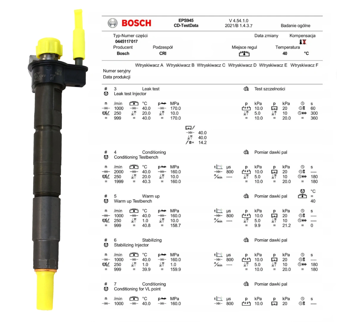Test wtryskiwacza Bosch 0445117017 na stanowisku probierczym Wtryskiwacz Bosch 0445117017 z kontrolą parametrów pracy