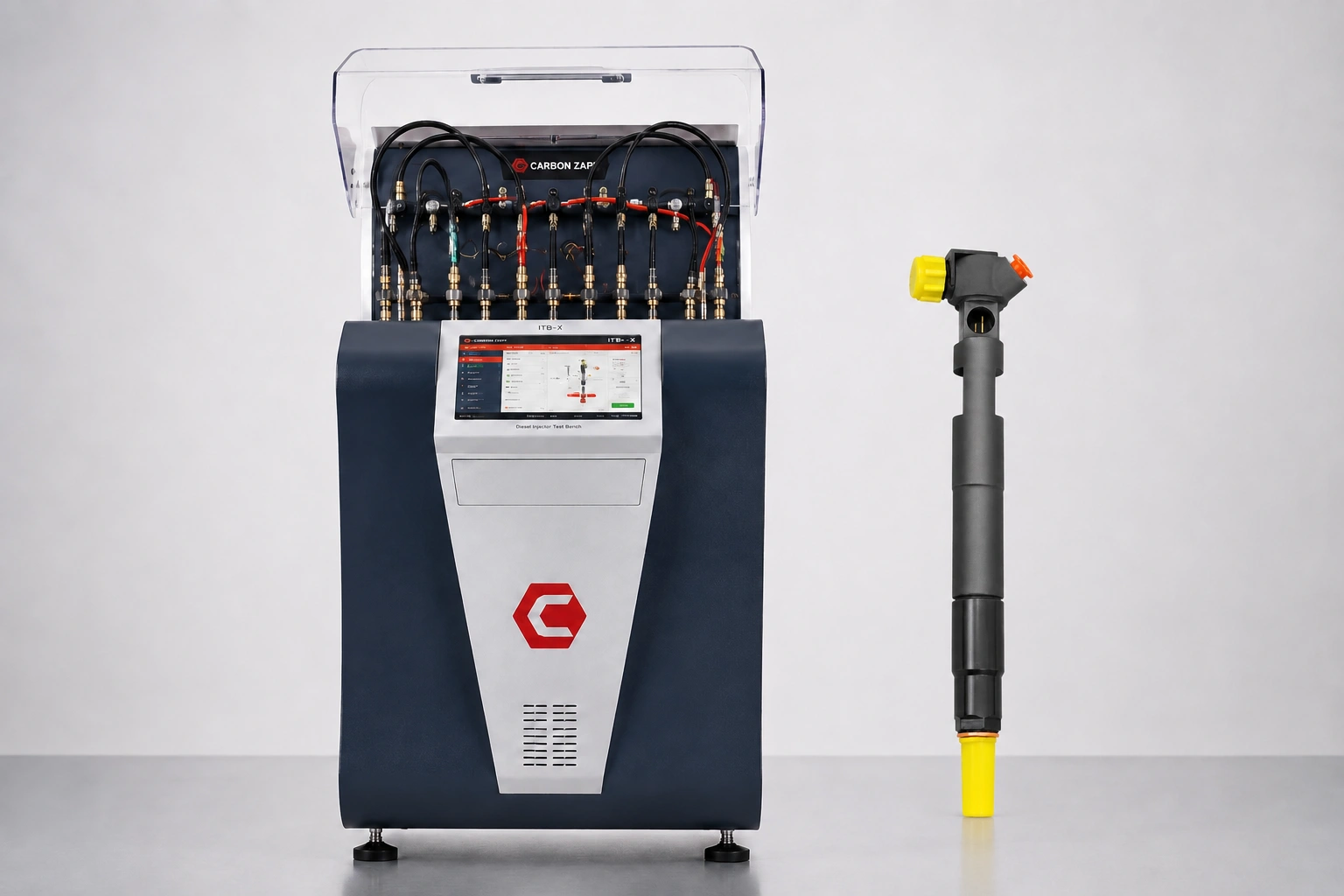 Test wtryskiwacza Delphi EMBR00002D na Carbon Zapp ITE-X Wtryskiwacz Delphi EMBR00002D obok stanowiska Carbon Zapp ITE-X