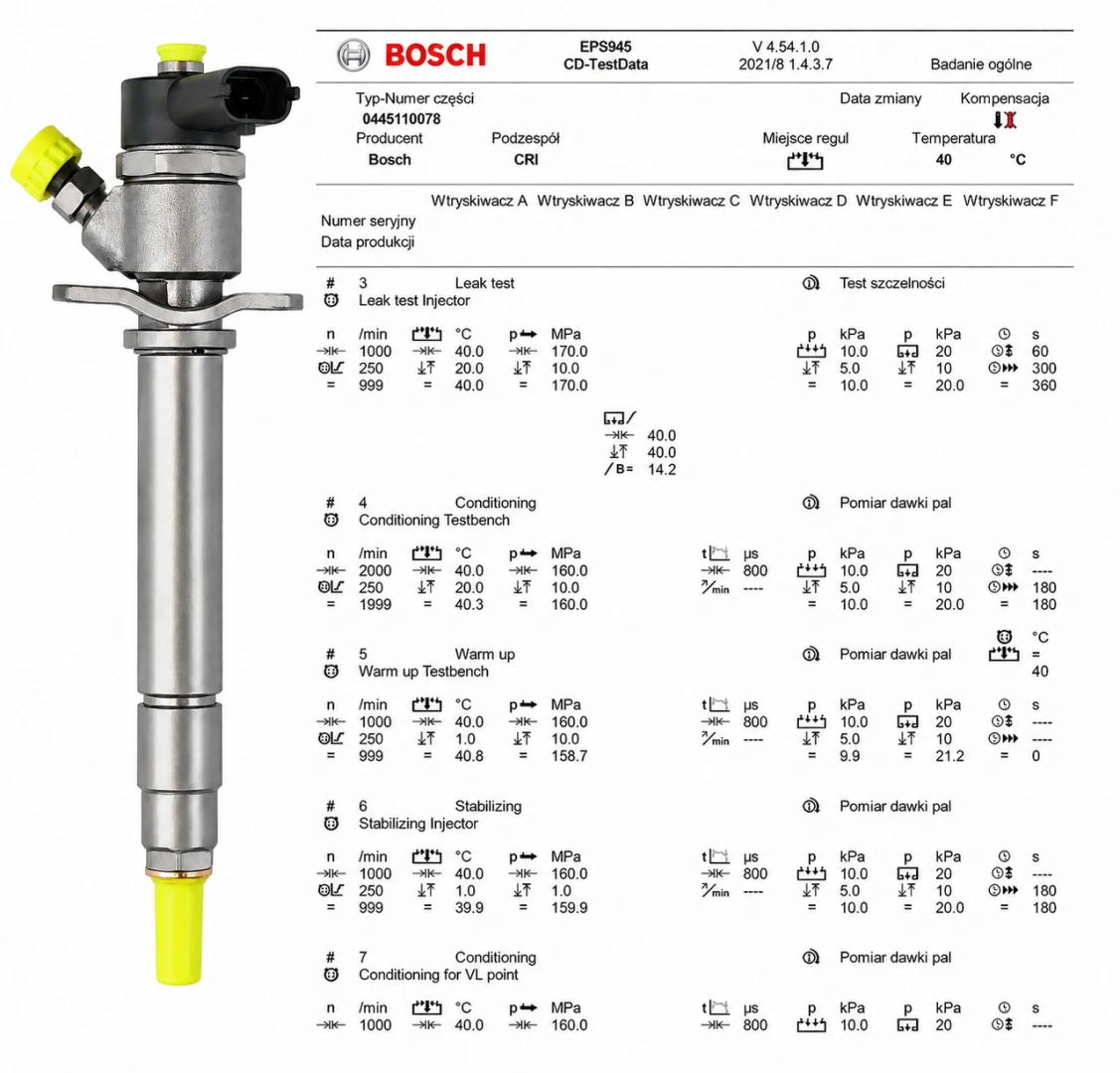 Wtryskiwacz Bosch 0445110078 z protokołem testowym Wtryskiwacz Bosch z dokumentacją kontroli parametrów