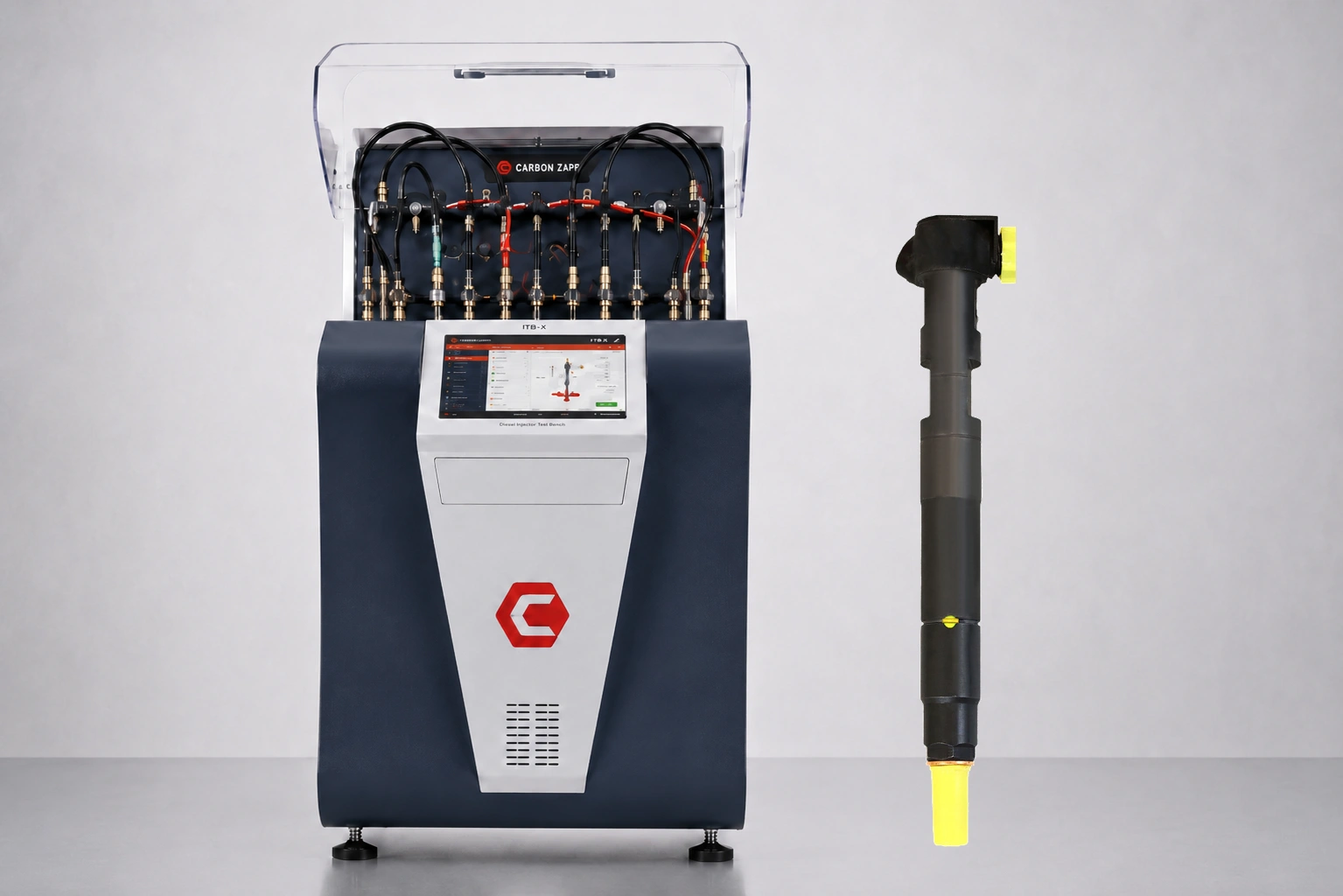 Wtryskiwacz Delphi 28307309 obok stanowiska probierczego Carbon Zapp