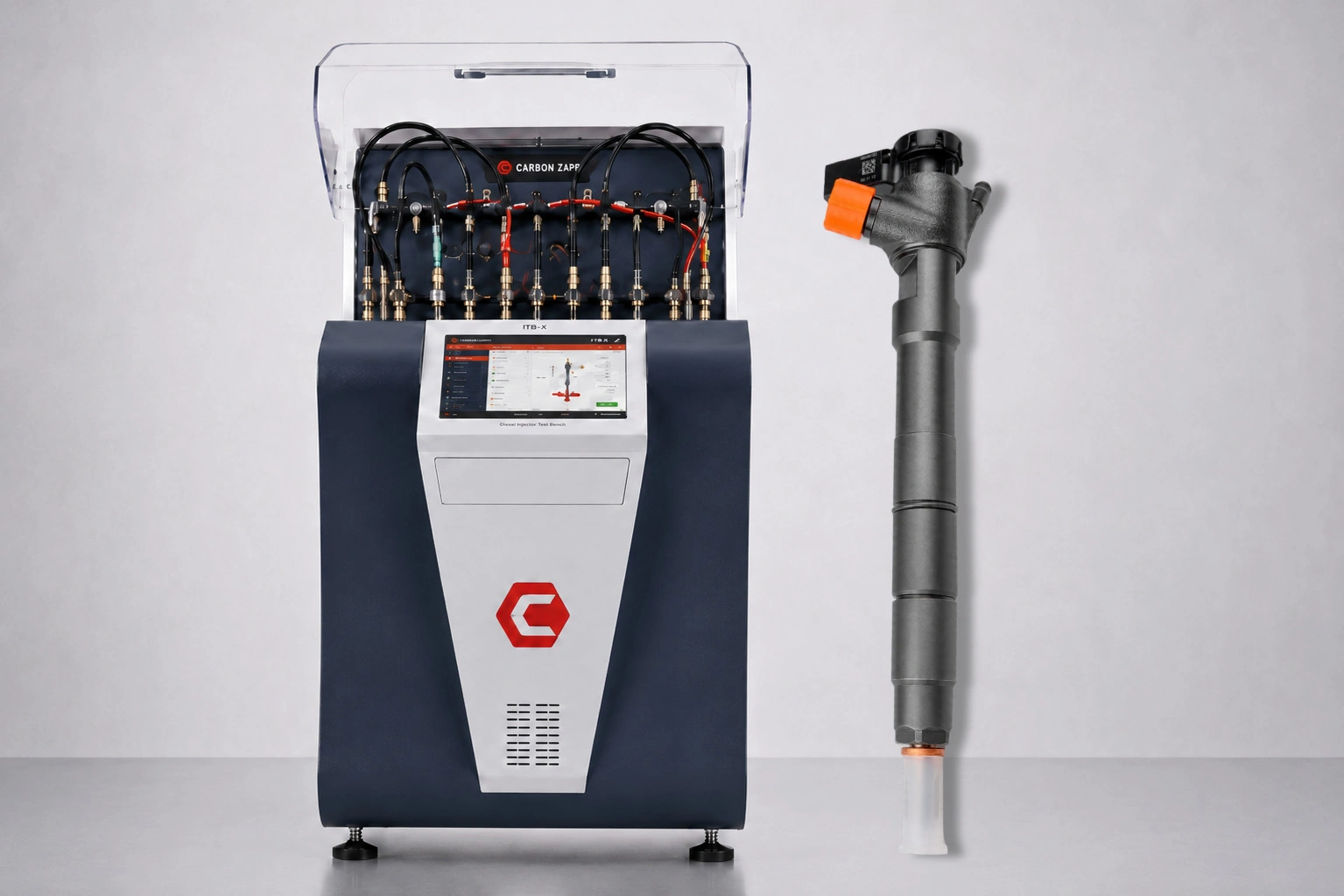 Wtryskiwacz Delphi 28565337 obok stanowiska probierczego Carbon Zapp